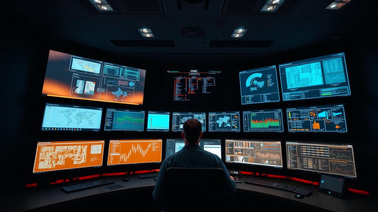 Building automation control room with multiple monitoring dashboards