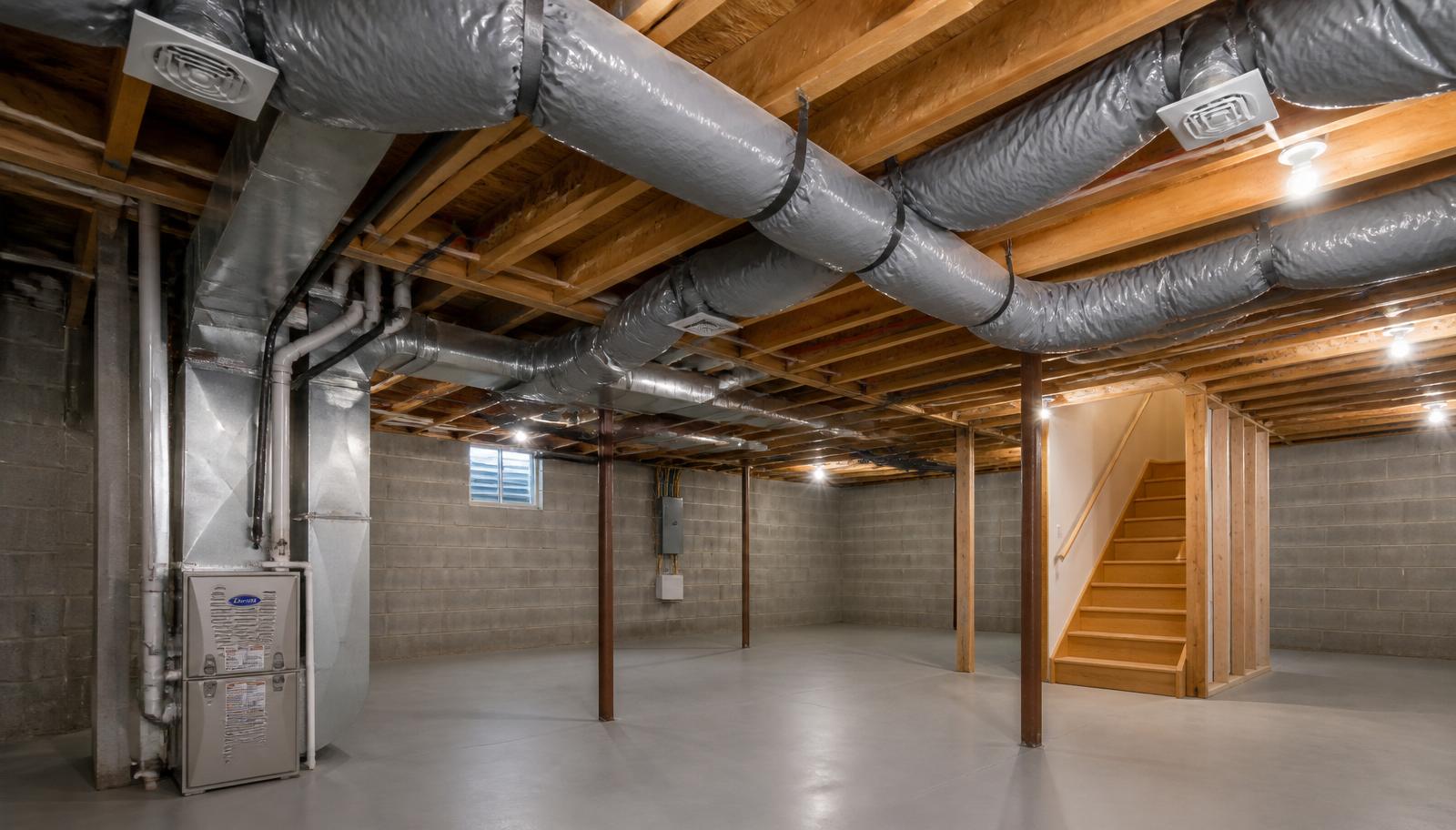 Realistic residential basement with insulated flex ducts and sheet-metal trunk lines between wood joists