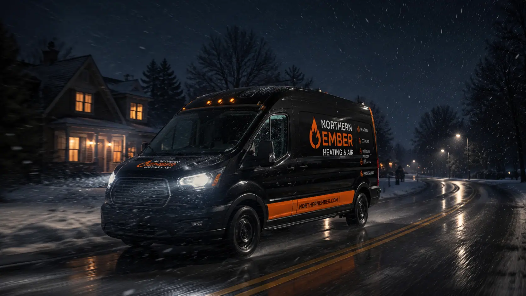 Northern Ember emergency HVAC service van driving through a snowy neighborhood at night