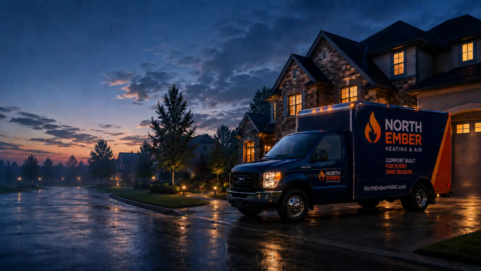 Northern Ember emergency service truck arriving at a home at dusk