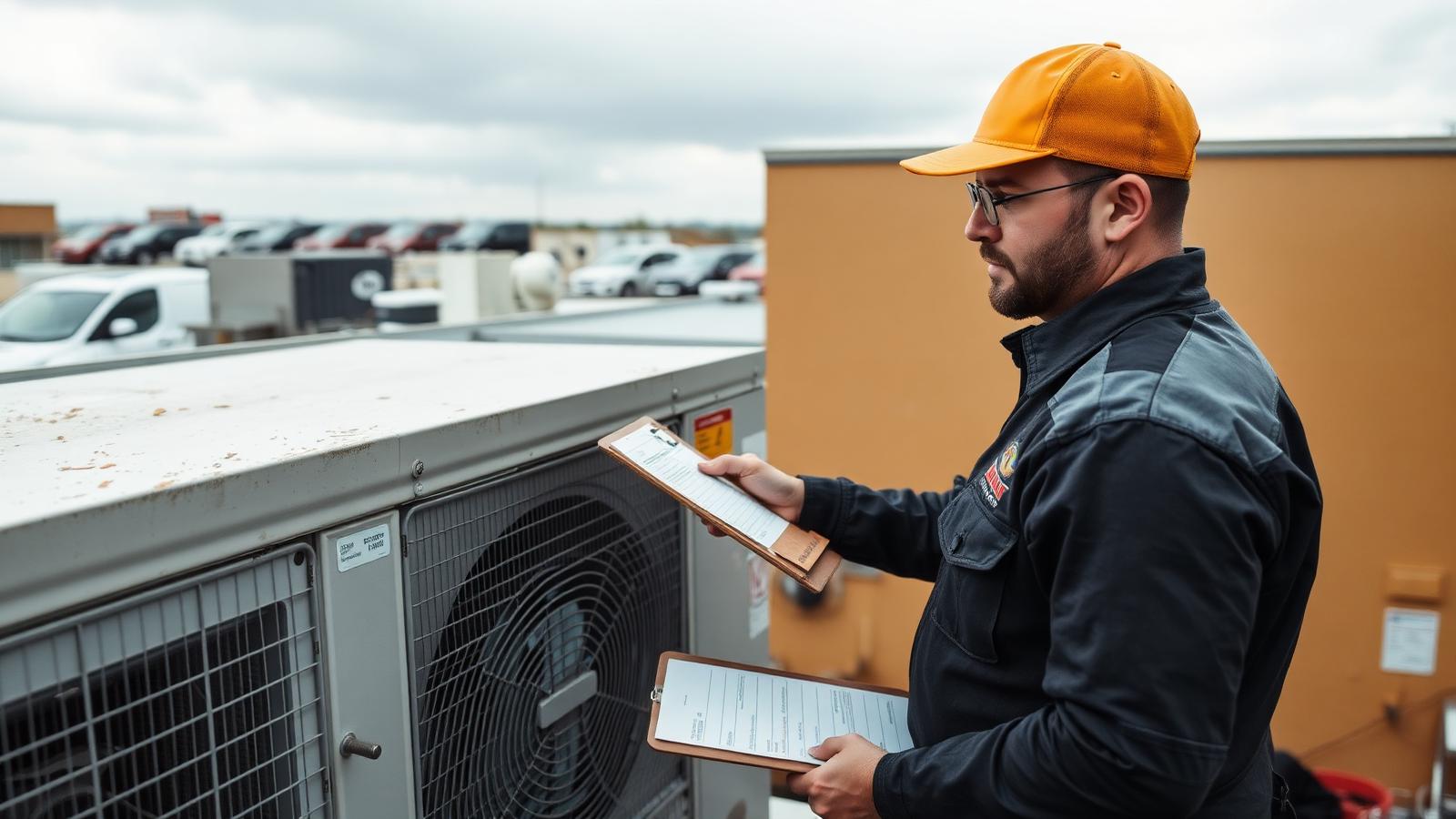 Commercial HVAC technician performing preventive maintenance on an air handler