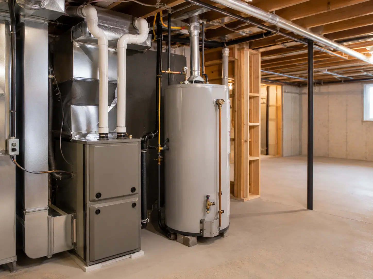 High-efficiency furnace and water heater in a clean residential basement mechanical room