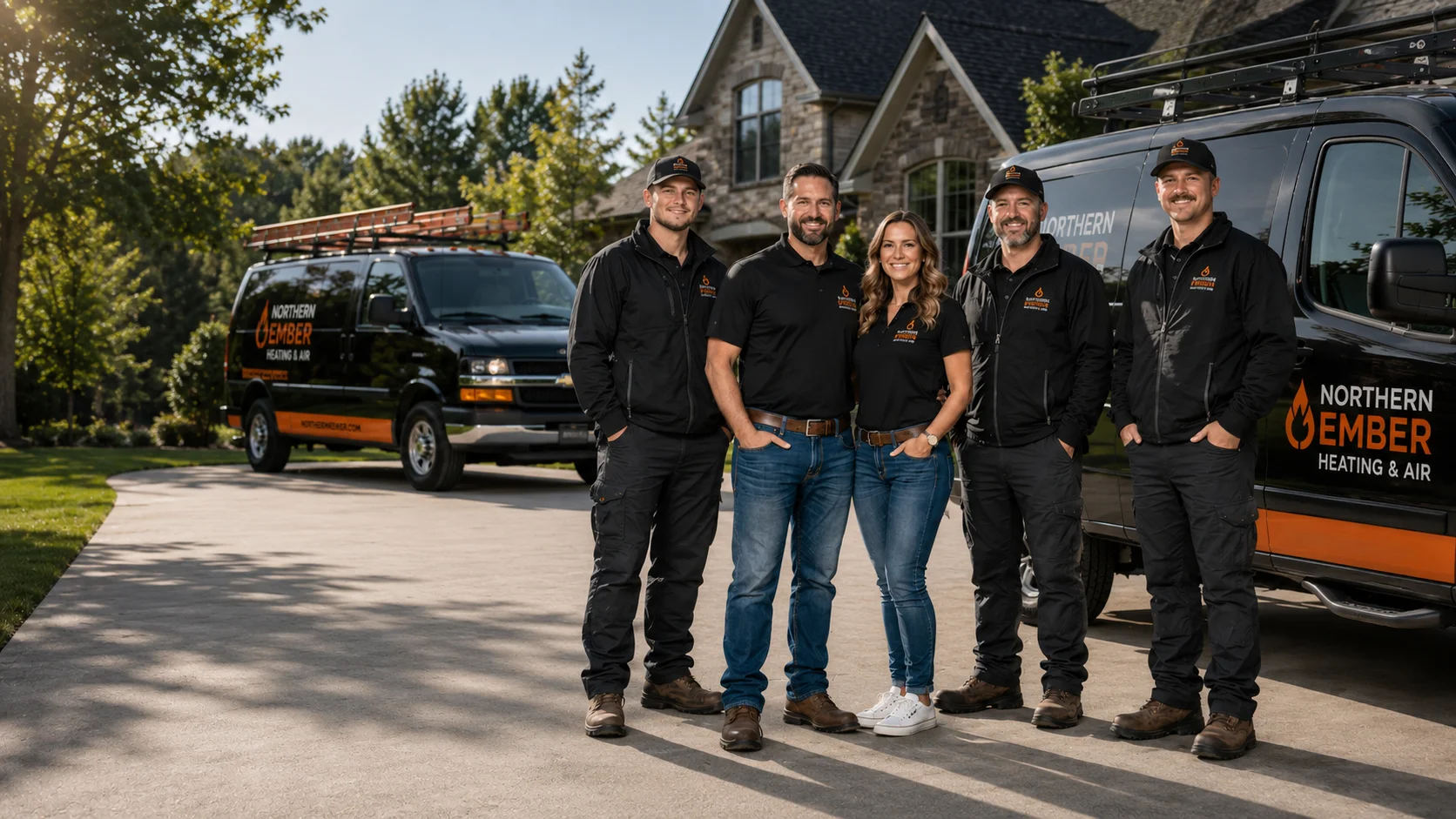 Northern Ember service crew standing between two branded vans in front of a suburban home