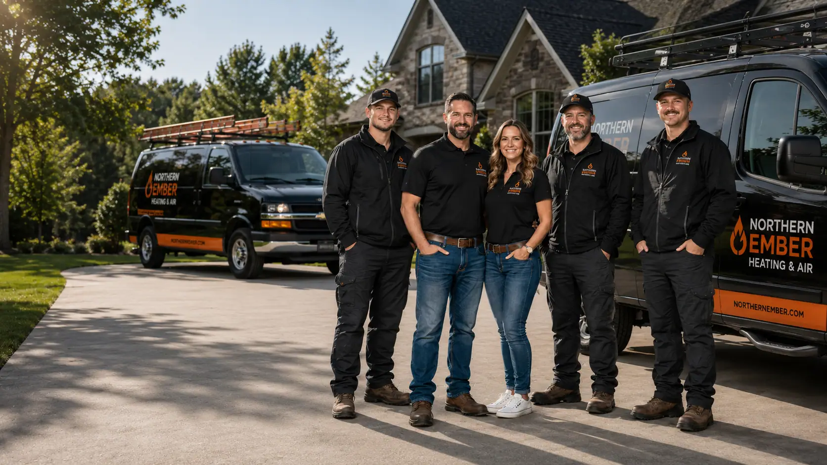 Northern Ember service crew standing between two branded vans in front of a suburban home